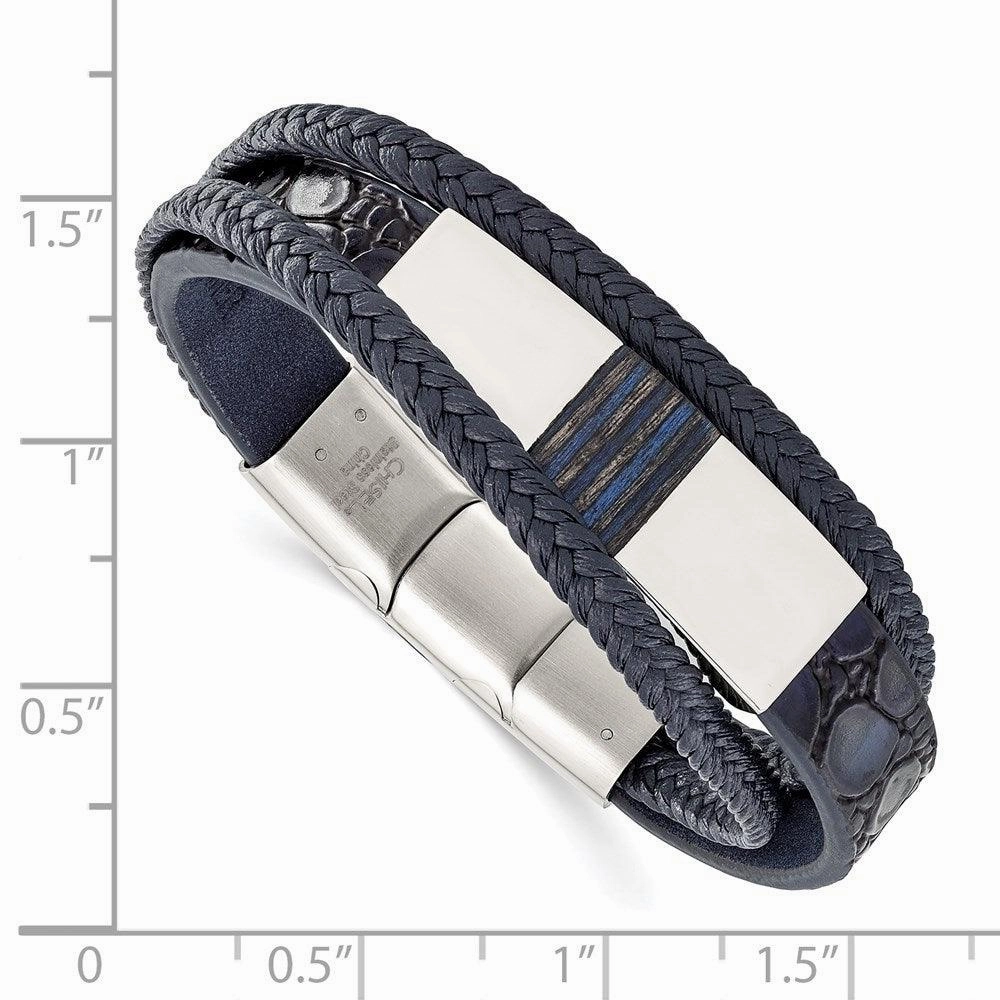 Stainless Steel Polished Blue Wood Blue Leather w/.5in ext 8in Bracelet