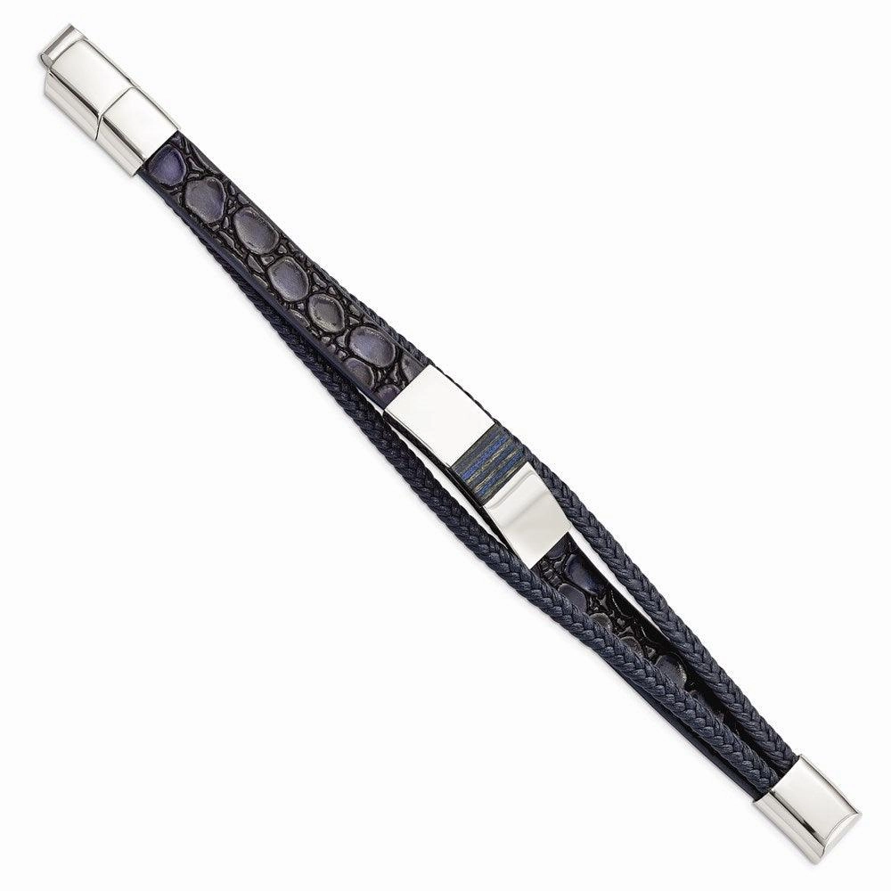 Stainless Steel Polished Blue Wood Blue Leather w/.5in ext 8in Bracelet