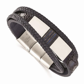 Stainless Steel Polished Blue Wood Blue Leather w/.5in ext 8in Bracelet