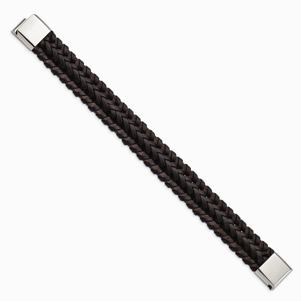 Stainless Steel Polished Braided Brown Leather 8.5in Bracelet