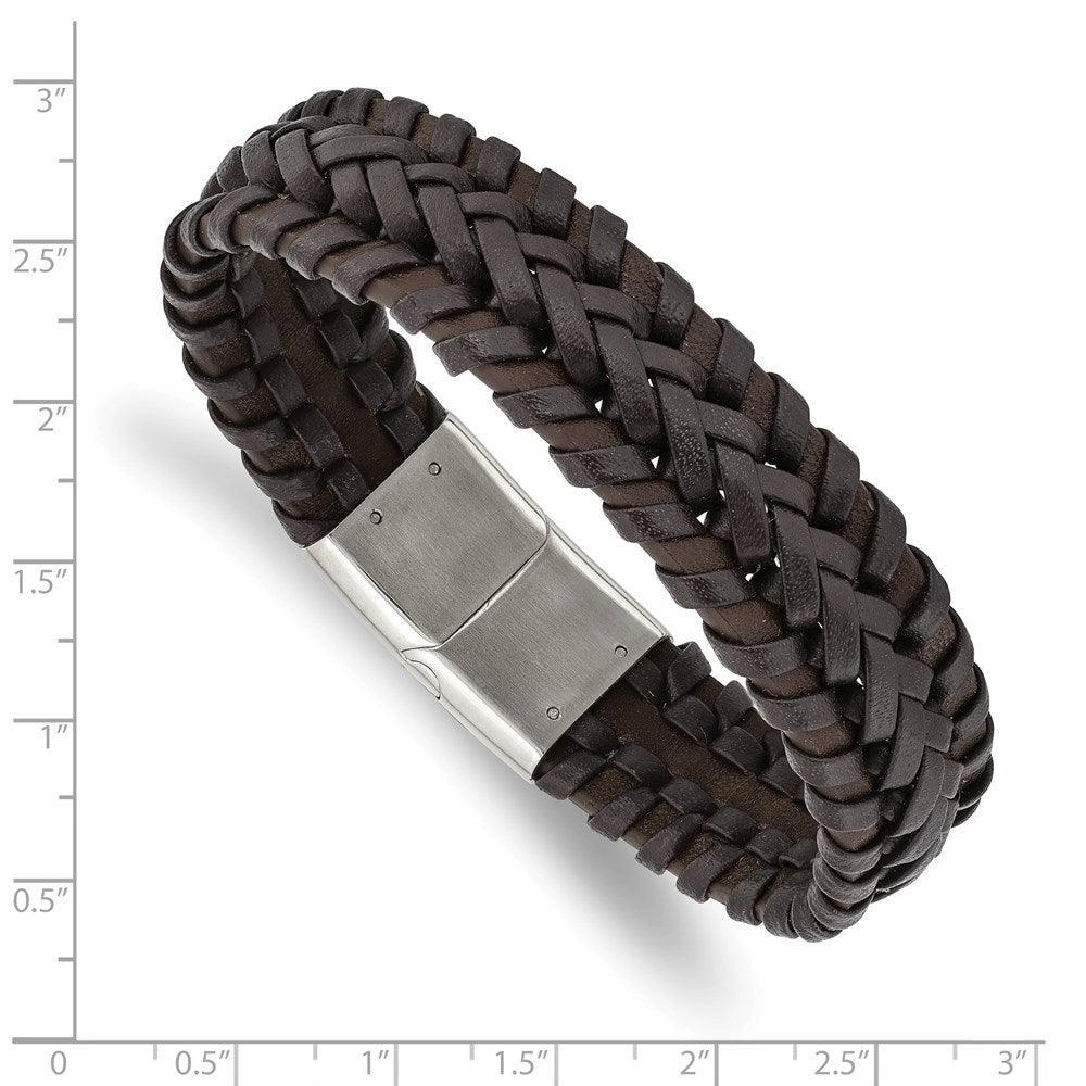 Stainless Steel Polished Braided Brown Leather 8.5in Bracelet