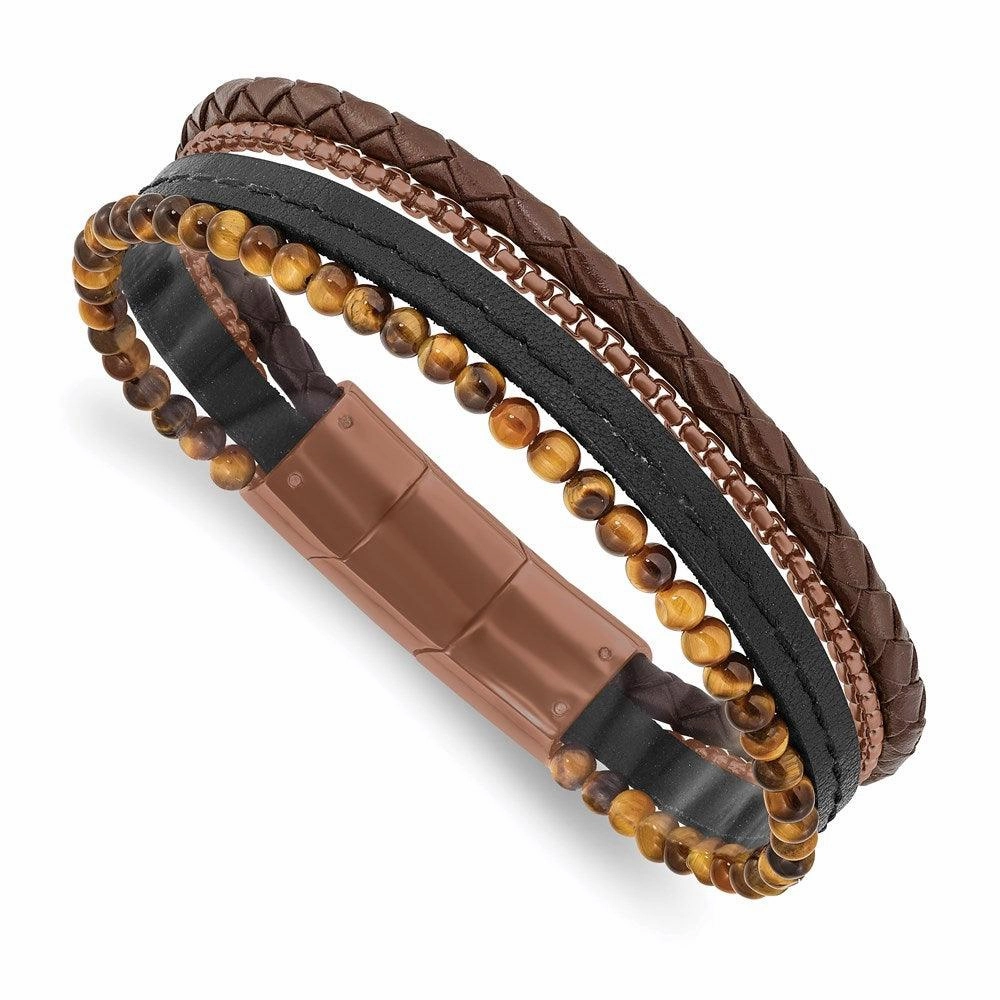 Stainless Steel Polished Brown IP w/Tiger's Eye Leather w/.5in ext Bracele