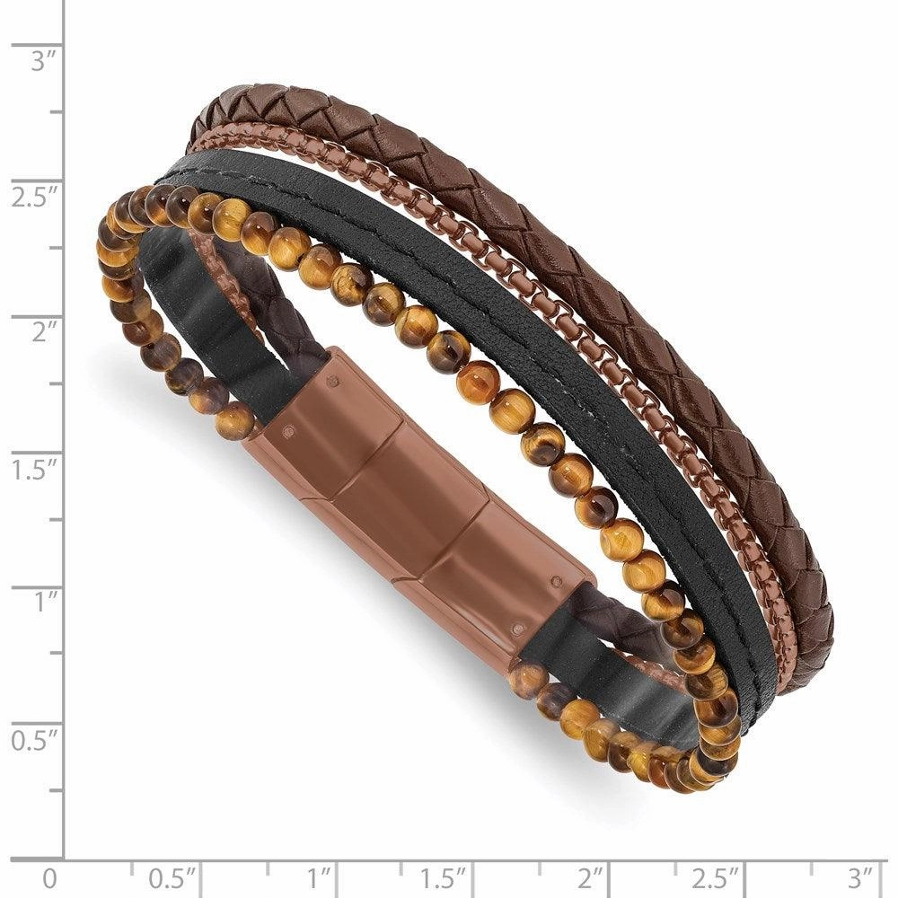 Stainless Steel Polished Brown IP w/Tiger's Eye Leather w/.5in ext Bracele