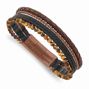 Stainless Steel Polished Brown IP w/Tiger's Eye Leather w/.5in ext Bracele