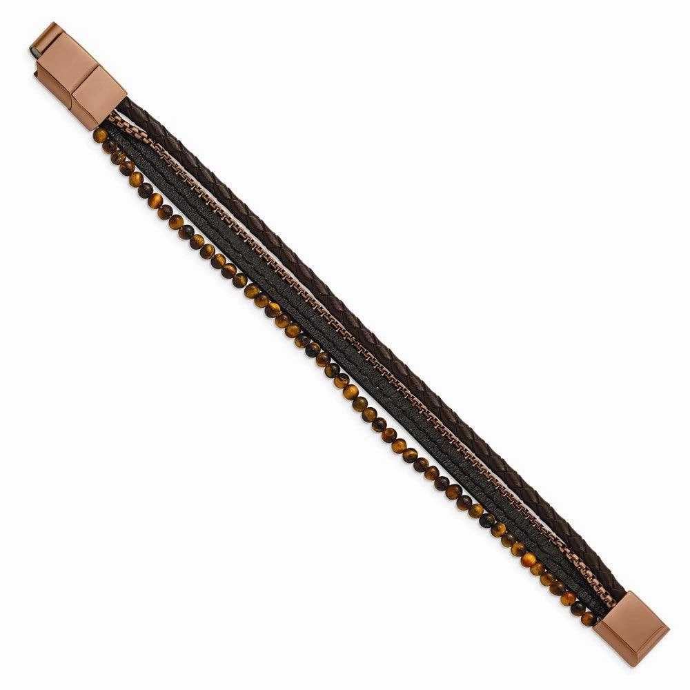 Stainless Steel Polished Brown IP w/Tiger's Eye Leather w/.5in ext Bracele