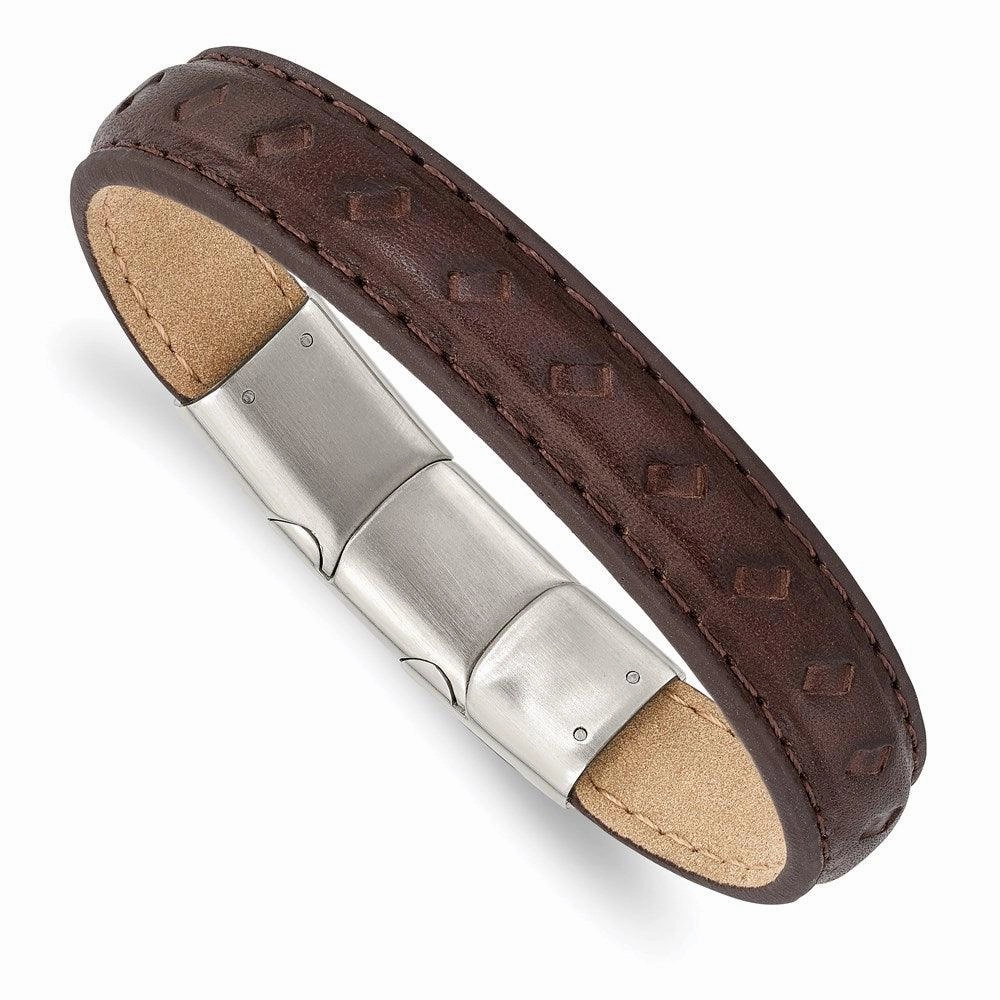 Stainless Steel Polished Brown Leather w/.5in ext 7.75in Bracelet