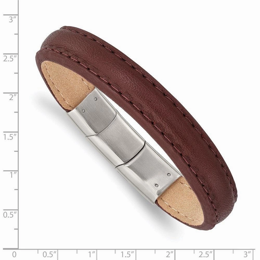 Stainless Steel Polished Brown Leather w/.5in ext 7.75in Bracelet