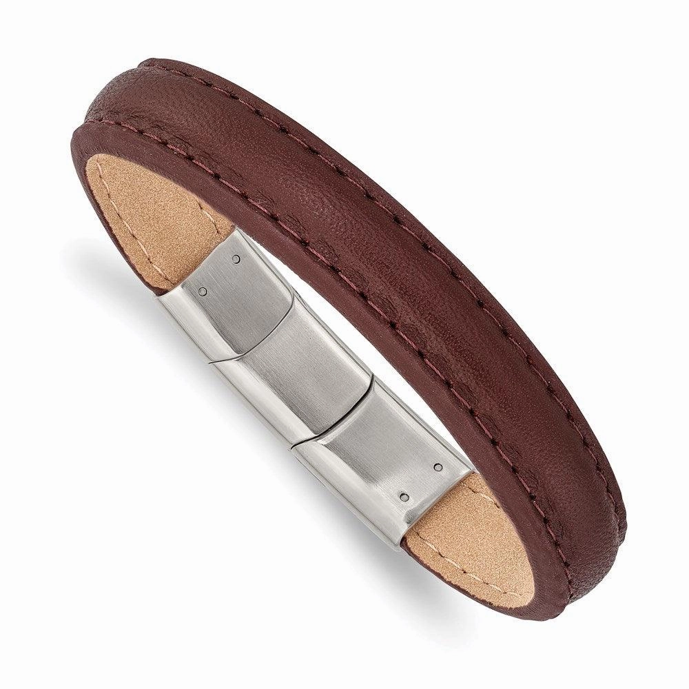 Stainless Steel Polished Brown Leather w/.5in ext 7.75in Bracelet