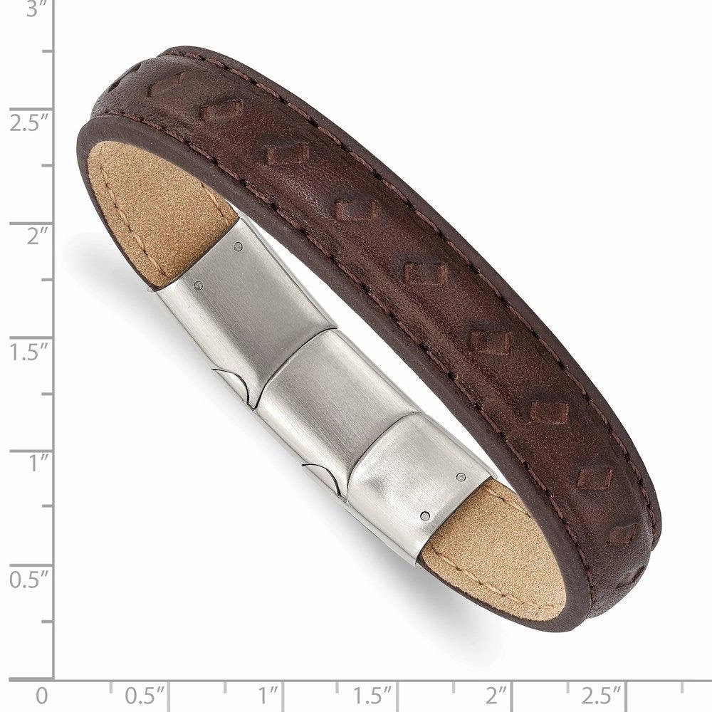 Stainless Steel Polished Brown Leather w/.5in ext 7.75in Bracelet