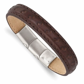 Stainless Steel Polished Brown Leather w/.5in ext 7.75in Bracelet