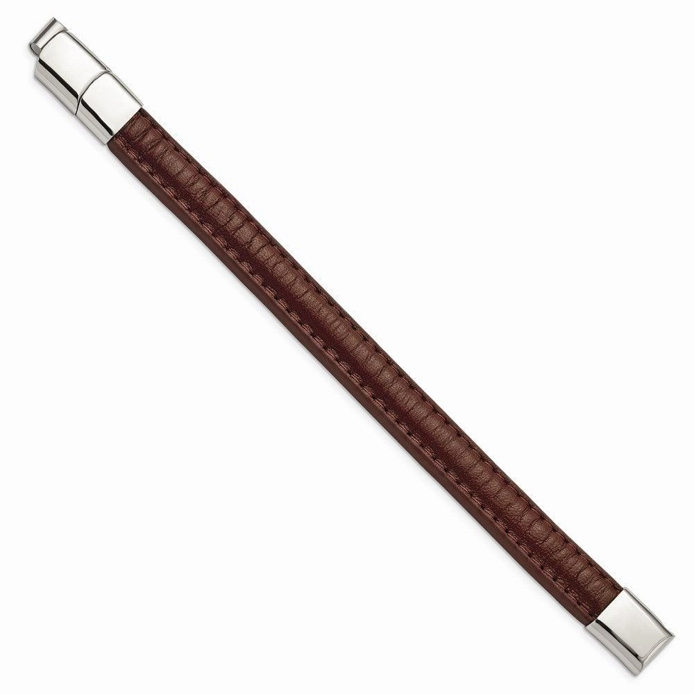 Stainless Steel Polished Brown Leather w/.5in ext 7.75in Bracelet