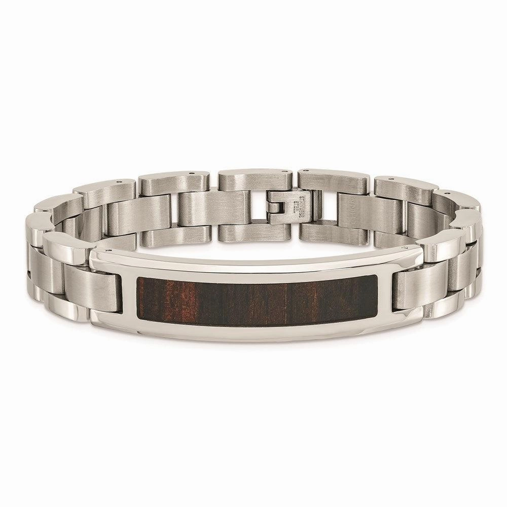 Stainless Steel Polished/Brushed Black Wood Enameled Bracelet