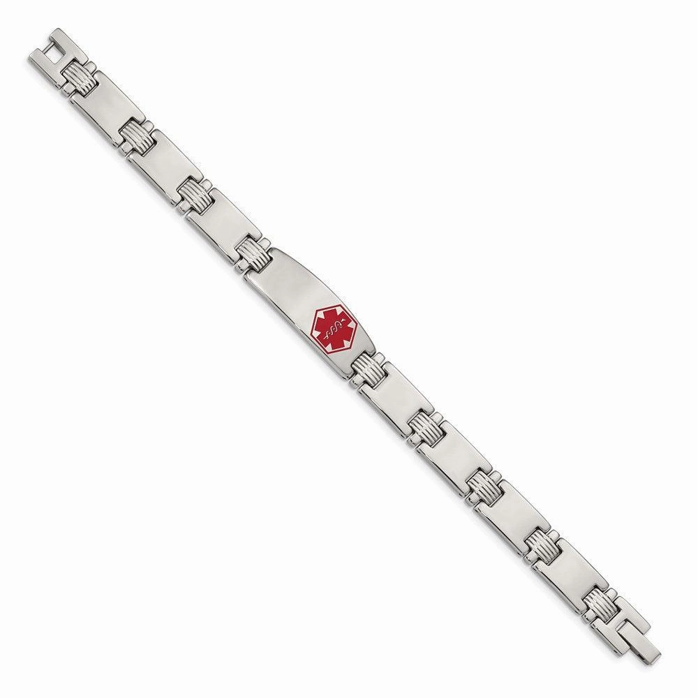 Stainless Steel Polished/Brushed Red Enamel 8.25in Medical Bracelet