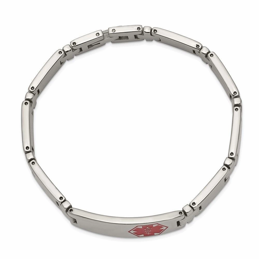 Stainless Steel Polished/Brushed Red Enamel 8.25in Medical Bracelet
