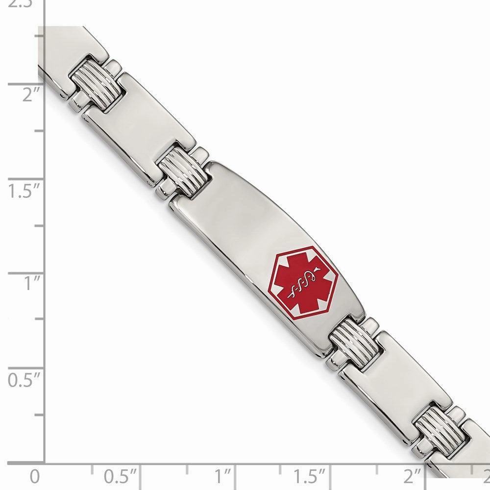Stainless Steel Polished/Brushed Red Enamel 8.25in Medical Bracelet