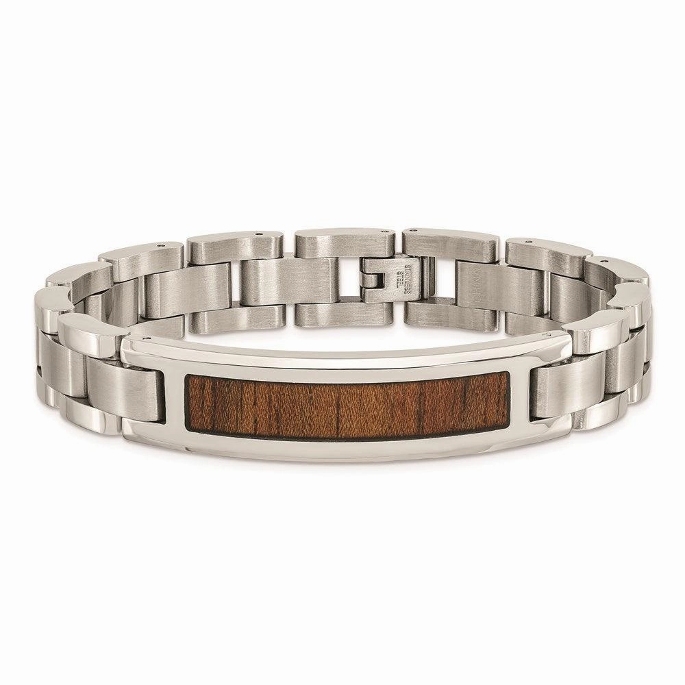 Stainless Steel Polished/Brushed Wood Inlay Enameled Bracelet