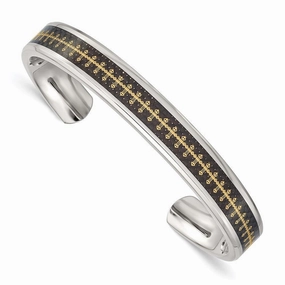 Stainless Steel Polished Carbon Fiber Inlay/Yellow IP-plated Cross Bangle