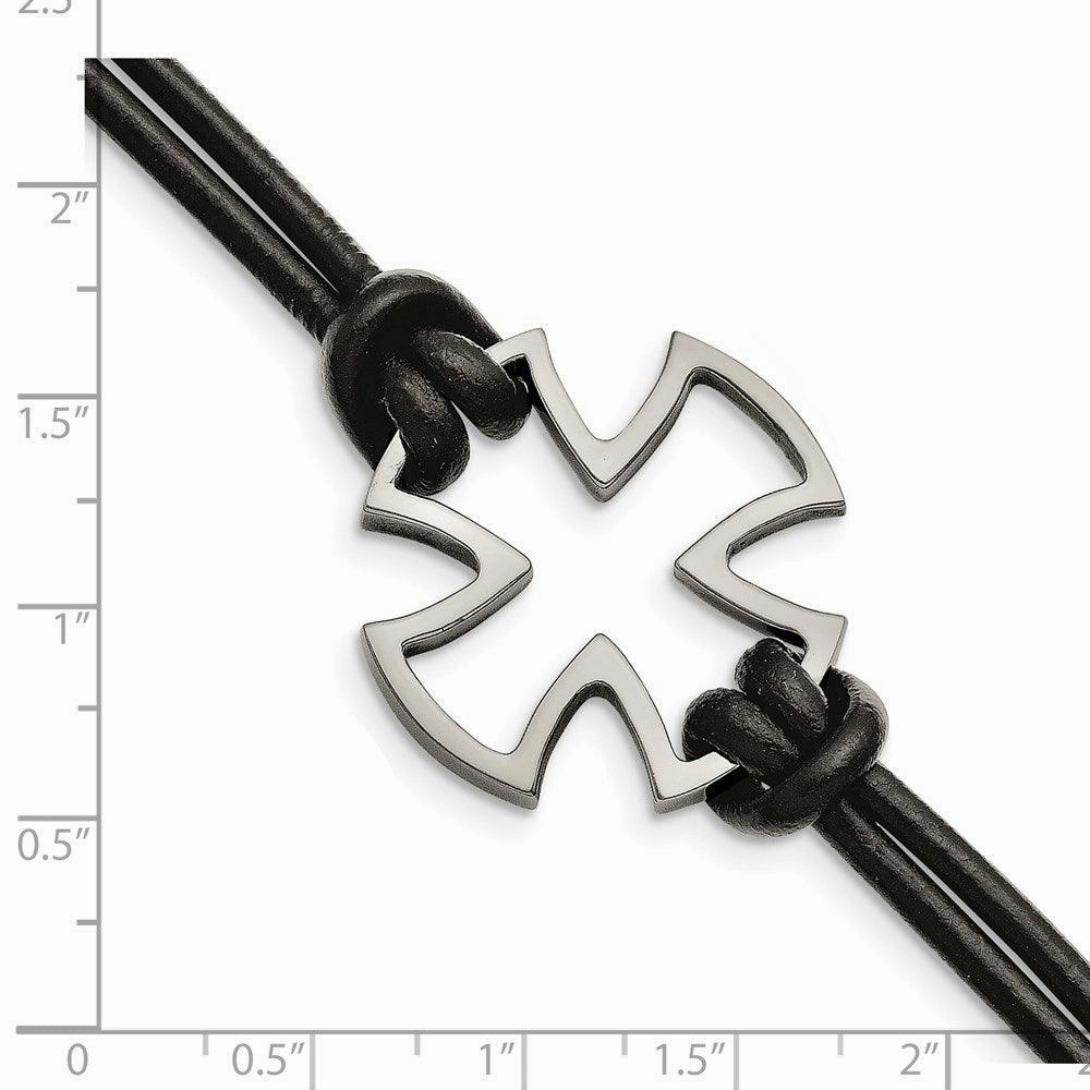 Stainless Steel Polished Cross Black Leather Bracelet
