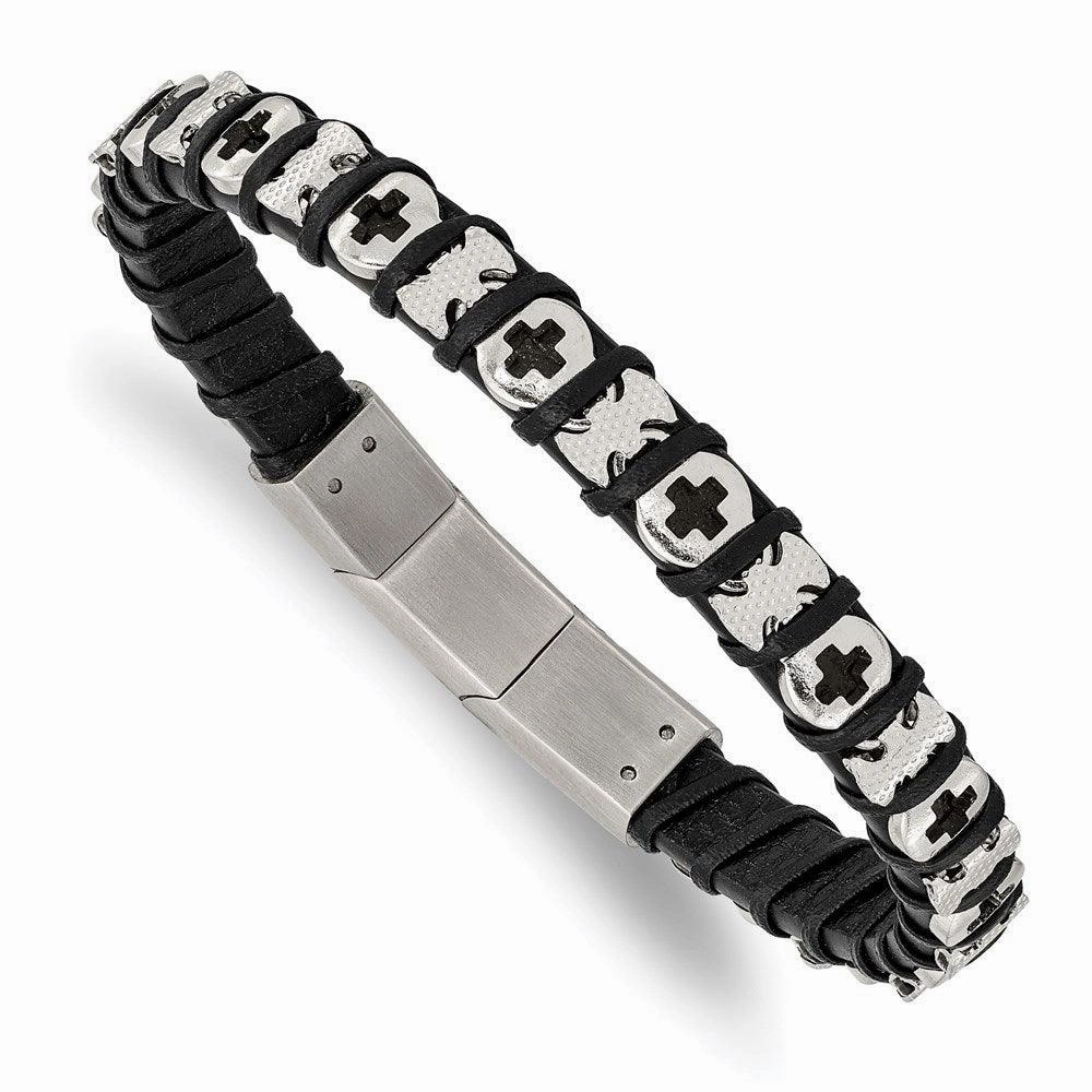 Stainless Steel Polished Cross Black Leather w/.5in ext 8in Bracelet