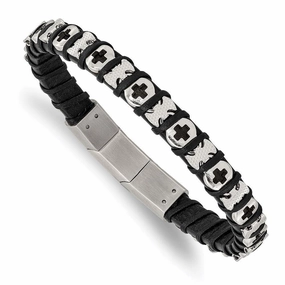 Stainless Steel Polished Cross Black Leather w/.5in ext 8in Bracelet