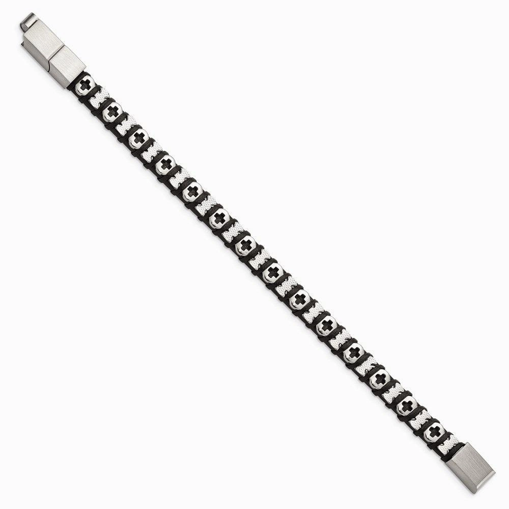 Stainless Steel Polished Cross Black Leather w/.5in ext 8in Bracelet
