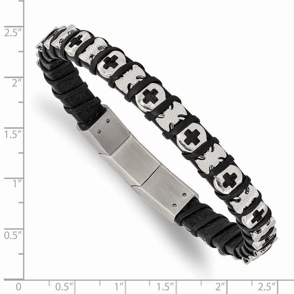 Stainless Steel Polished Cross Black Leather w/.5in ext 8in Bracelet
