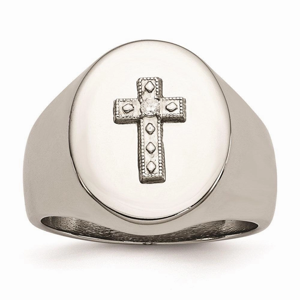 Stainless Steel Polished Cross CZ Signet Ring