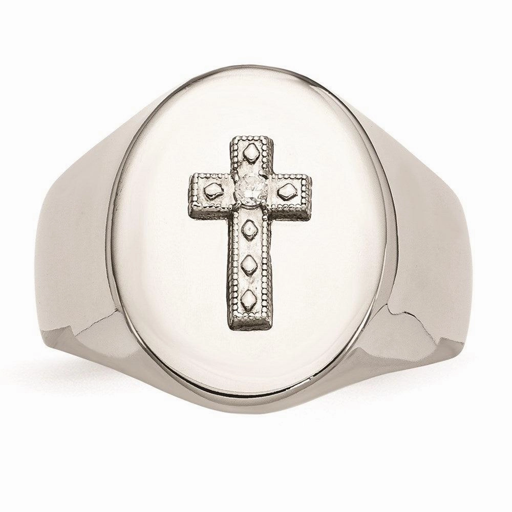 Stainless Steel Polished Cross CZ Signet Ring