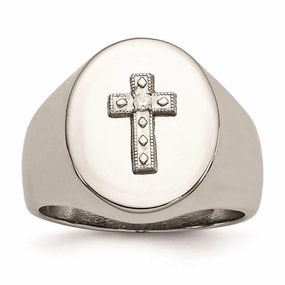 Stainless Steel Polished Cross CZ Signet Ring
