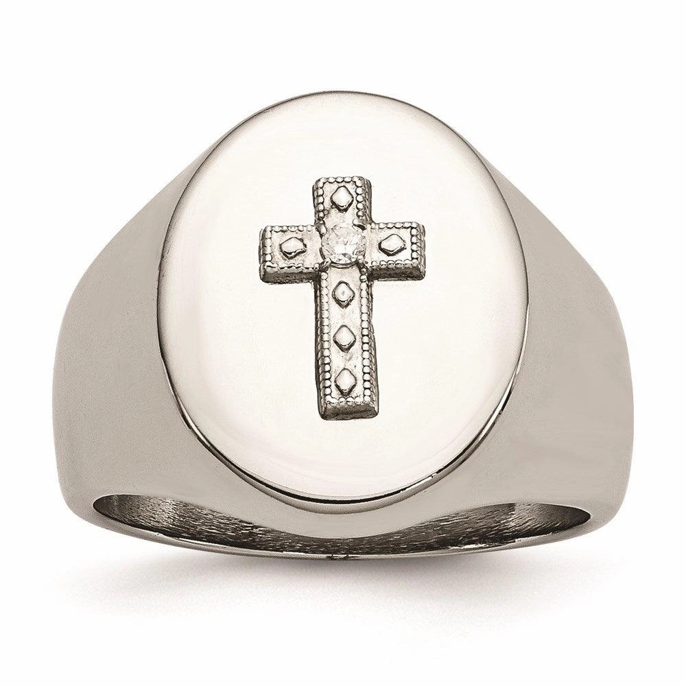 Stainless Steel Polished Cross CZ Signet Ring