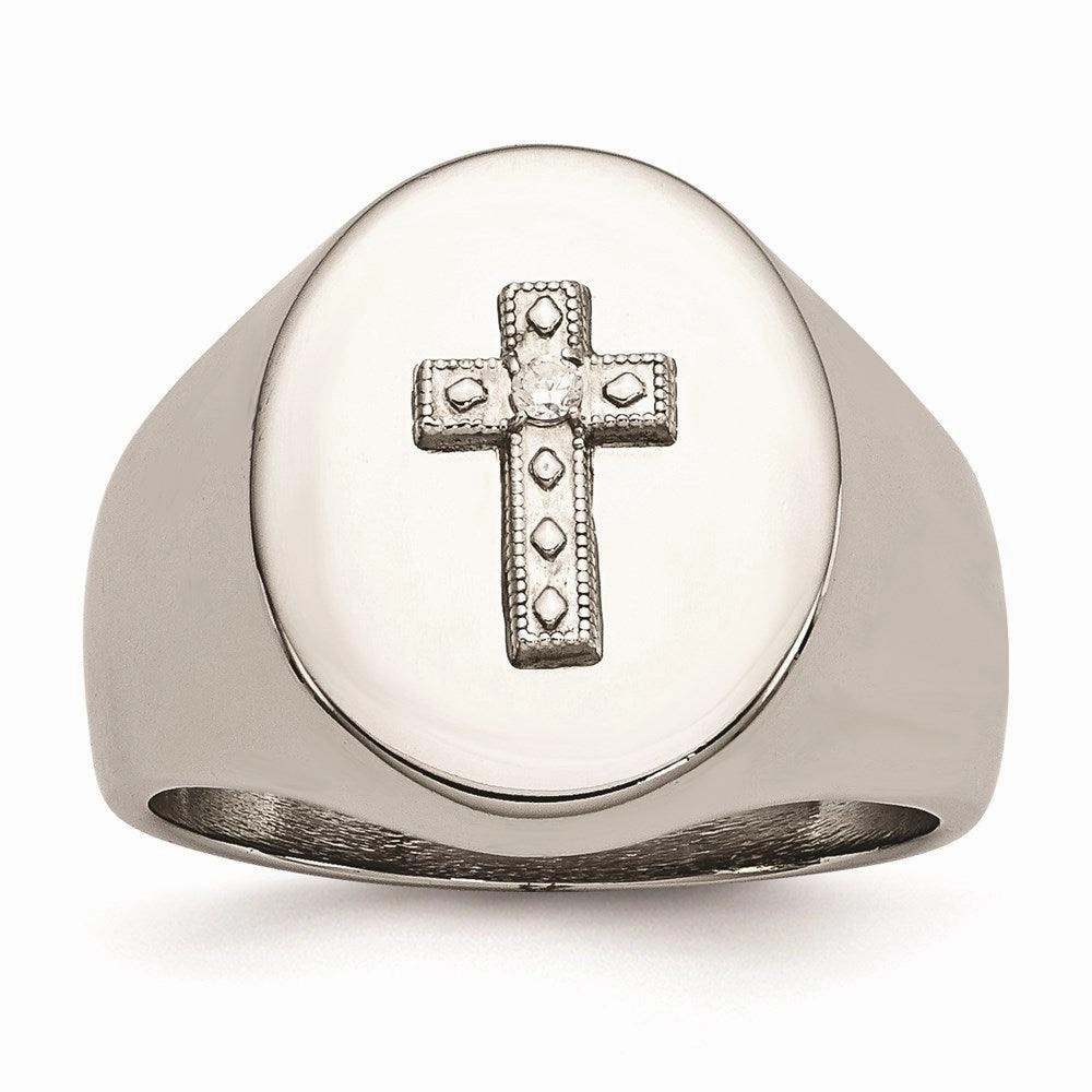 Stainless Steel Polished Cross CZ Signet Ring