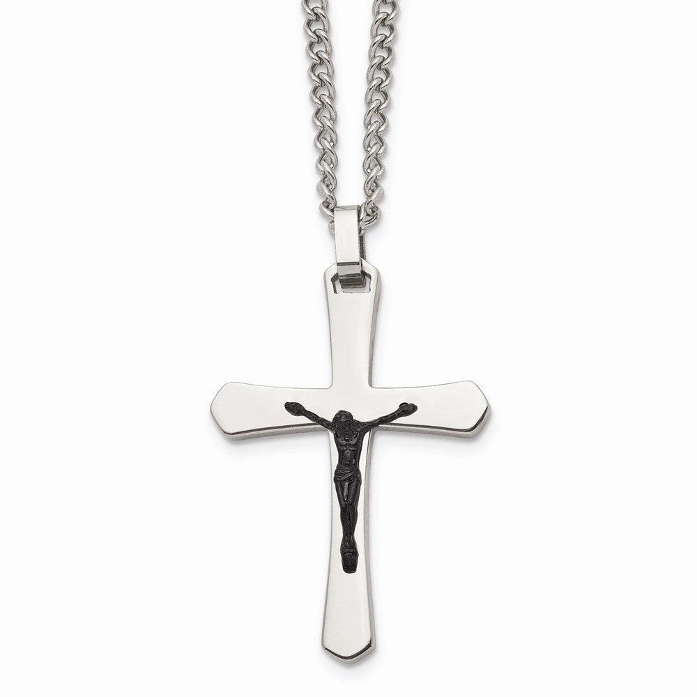 Stainless Steel Polished Cross w/Black IP Jesus Necklace