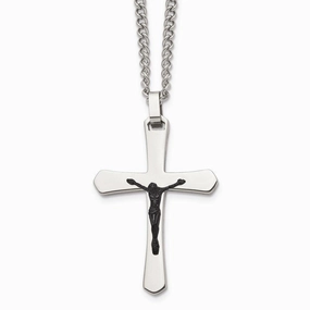 Stainless Steel Polished Cross w/Black IP Jesus Necklace