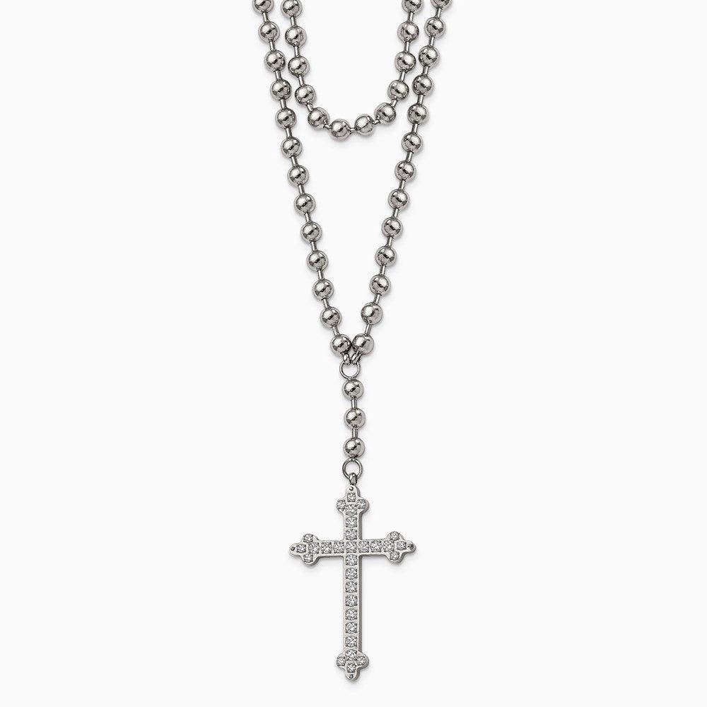 Stainless Steel Polished Cross w/Crystal Two Bead Chain Necklace
