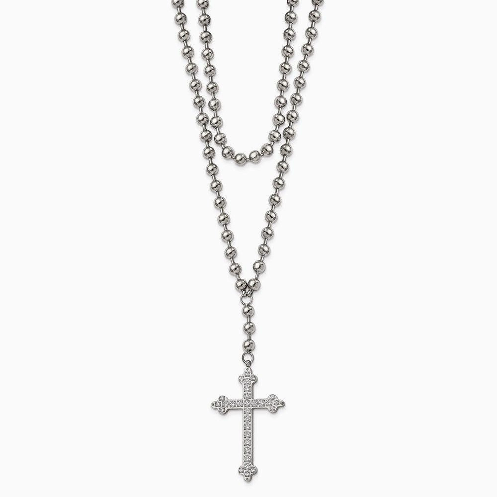 Stainless Steel Polished Cross w/Crystal Two Bead Chain Necklace