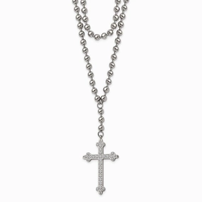 Stainless Steel Polished Cross w/Crystal Two Bead Chain Necklace