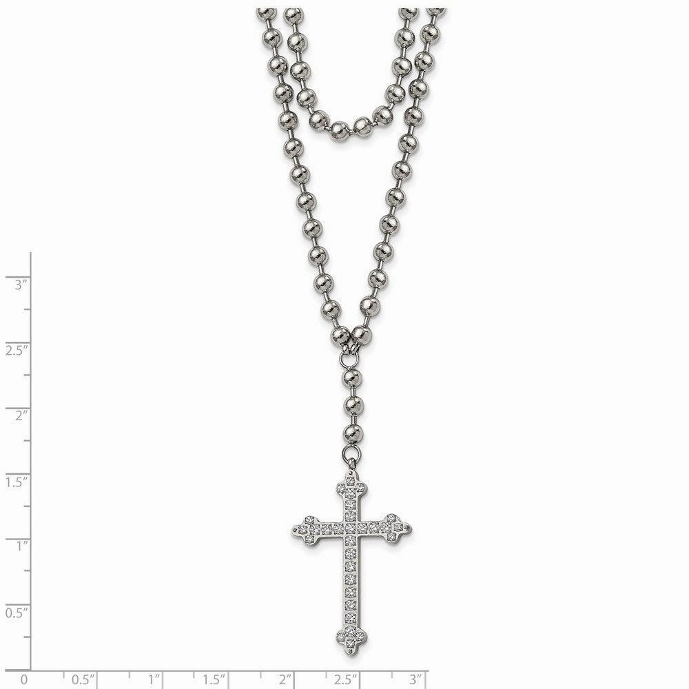 Stainless Steel Polished Cross w/Crystal Two Bead Chain Necklace