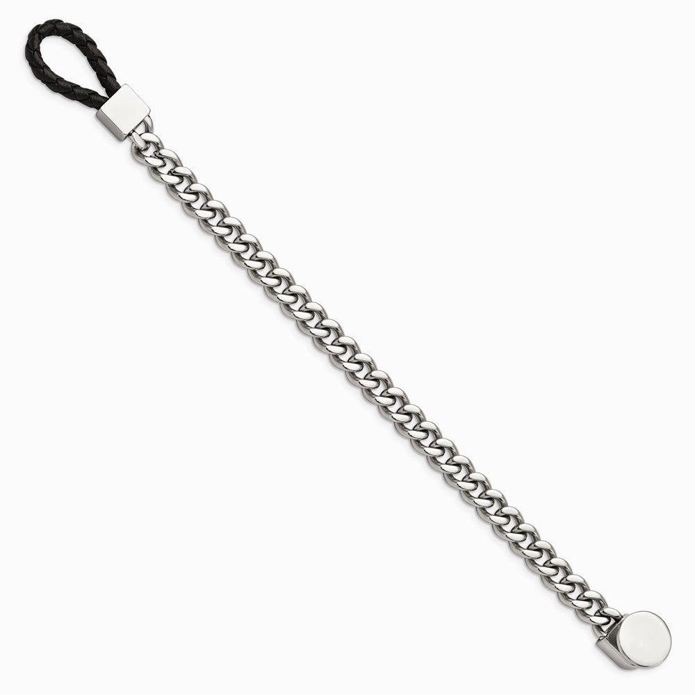 Stainless Steel Polished Curb Chain w/Black Leather Hook 8.25in Bracelet