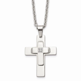 Stainless Steel Polished CZ Cross Necklace