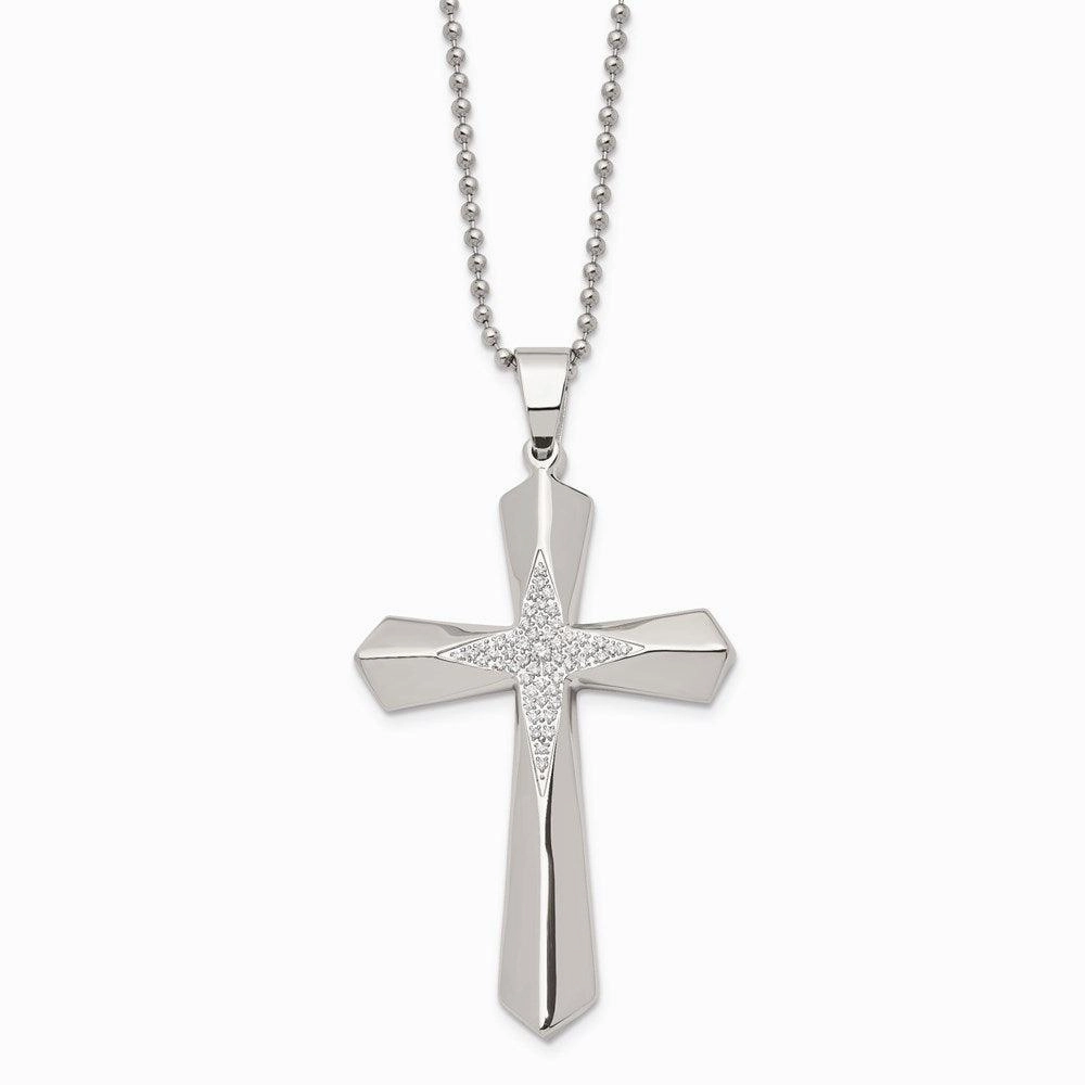 Stainless Steel Polished CZ Cross Necklace