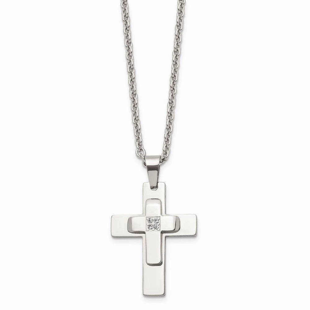Stainless Steel Polished CZ Cross Necklace