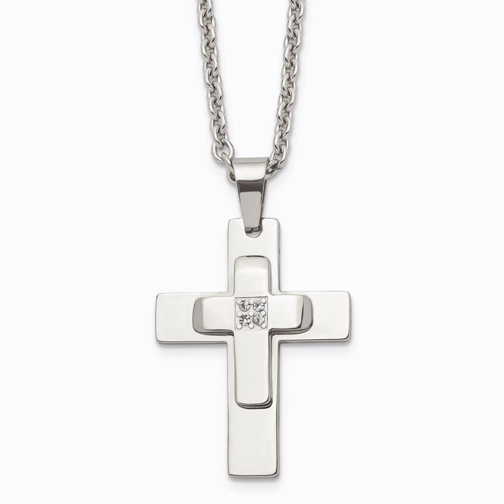 Stainless Steel Polished CZ Cross Necklace