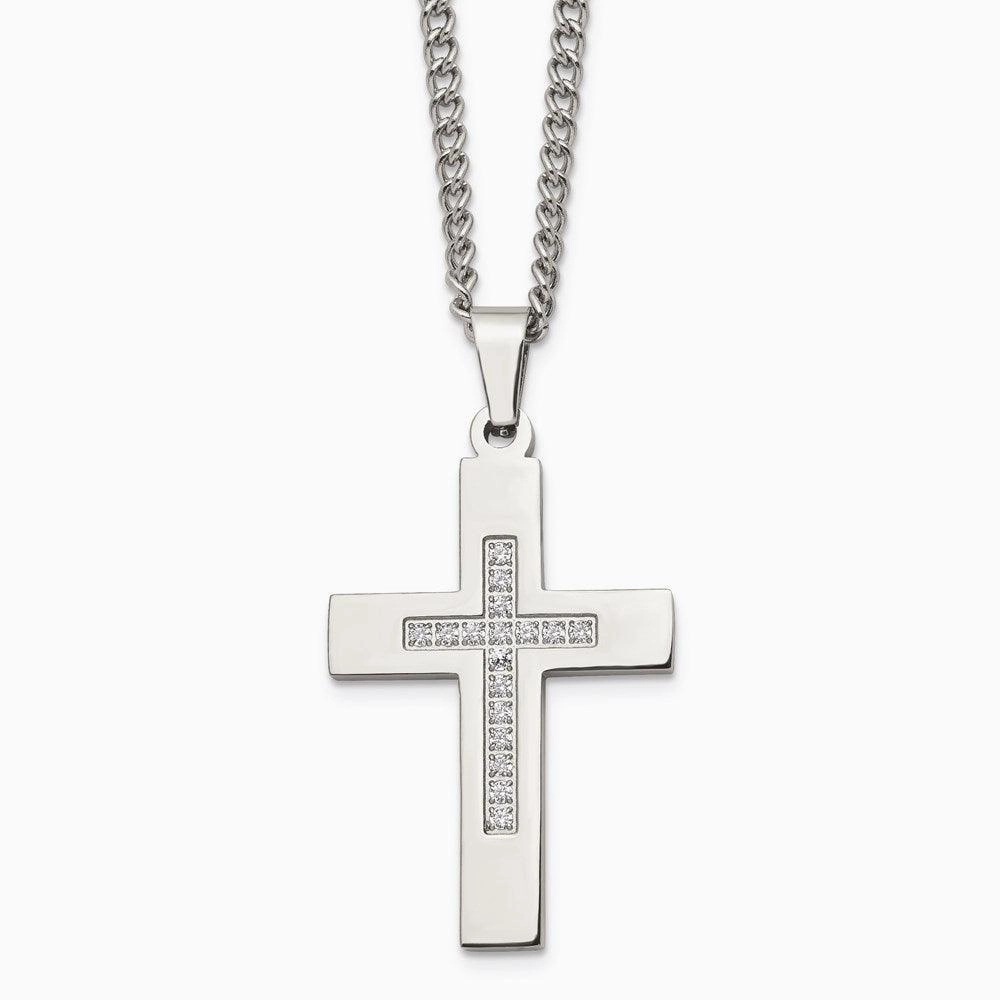 Stainless Steel Polished CZ Cross Necklace