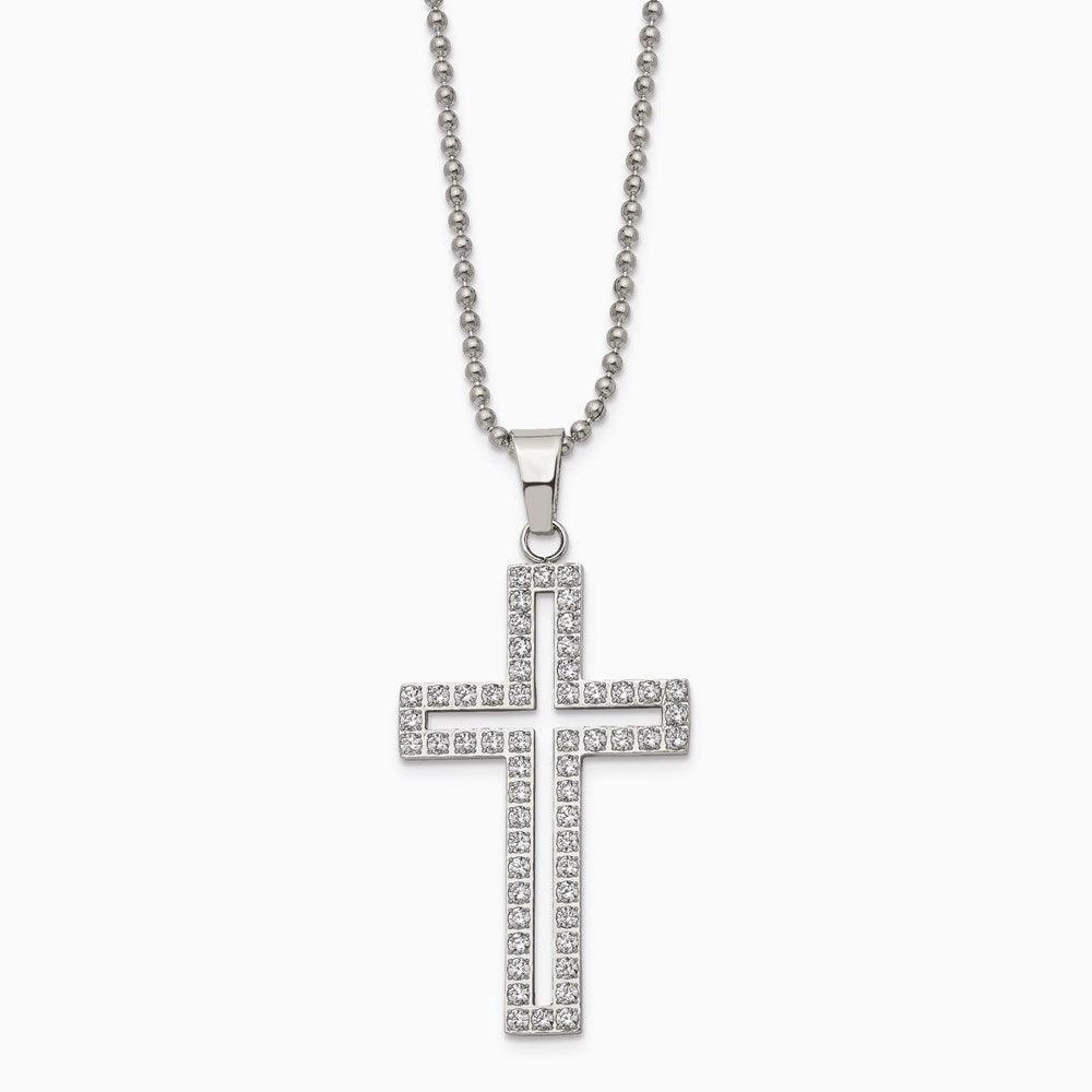 Stainless Steel Polished CZ Cross Necklace