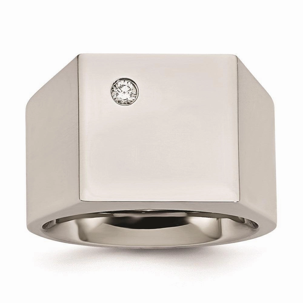 Stainless Steel Polished CZ Signet Ring