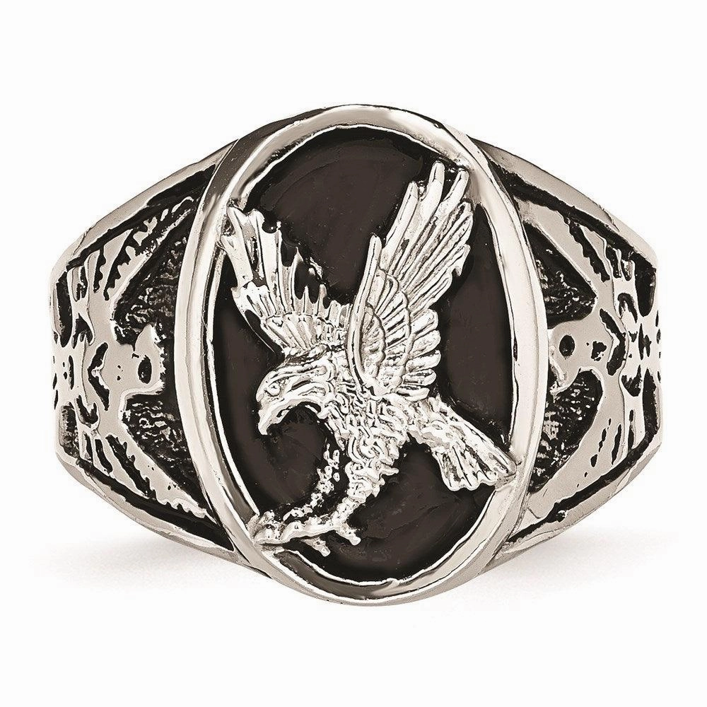 Stainless Steel Polished Enameled Eagle Ring