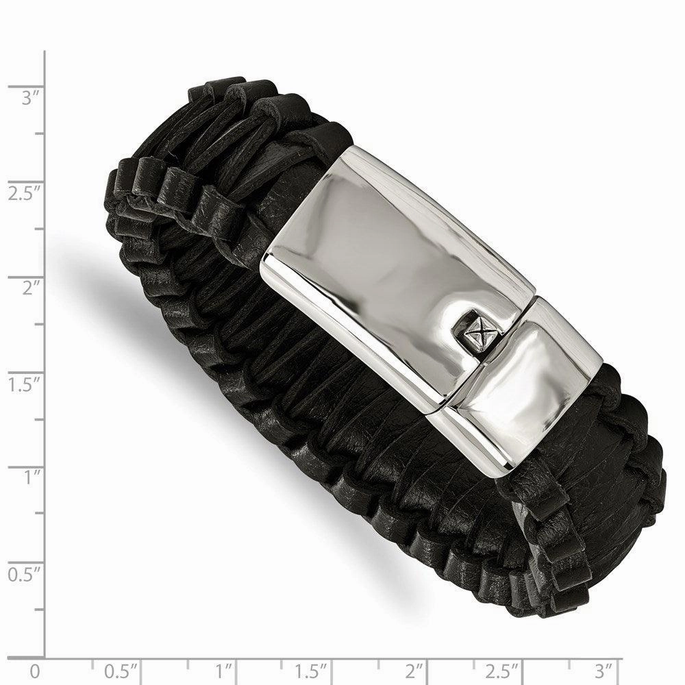 Stainless Steel Polished Flat Braided Black Leather Bracelet