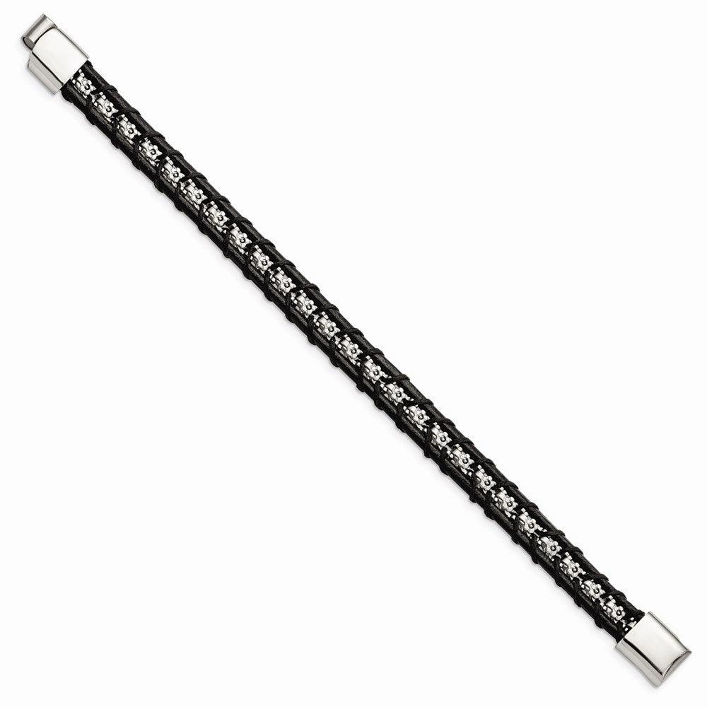 Stainless Steel Polished Flower Link Black Leather 8.25in Bracelet