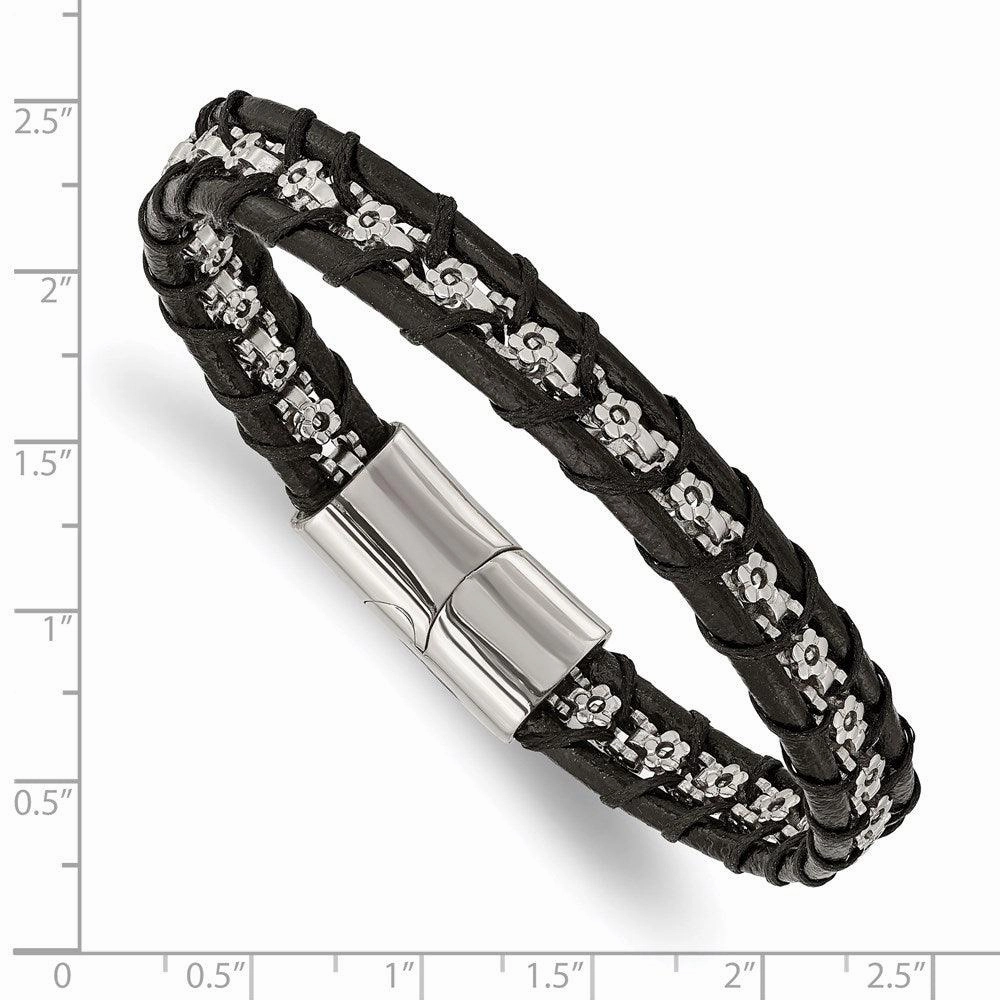 Stainless Steel Polished Flower Link Black Leather 8.25in Bracelet
