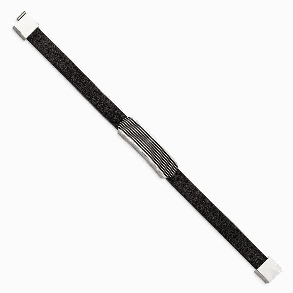 Stainless Steel Polished Genuine Leather Enameled 8.5 inch Bracelet